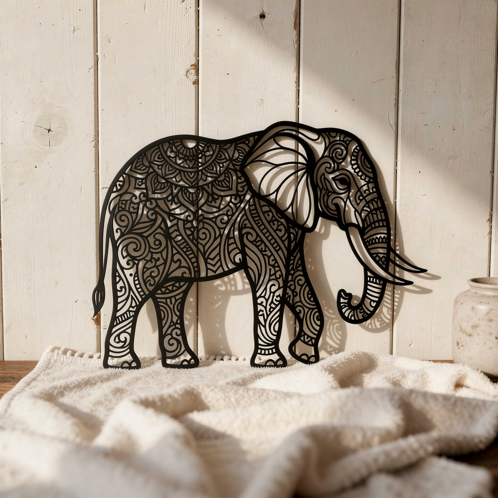 Elefant Wanddeko aus Metall mit filigranen Mandala-Mustern in Schwarz – Bild 7
