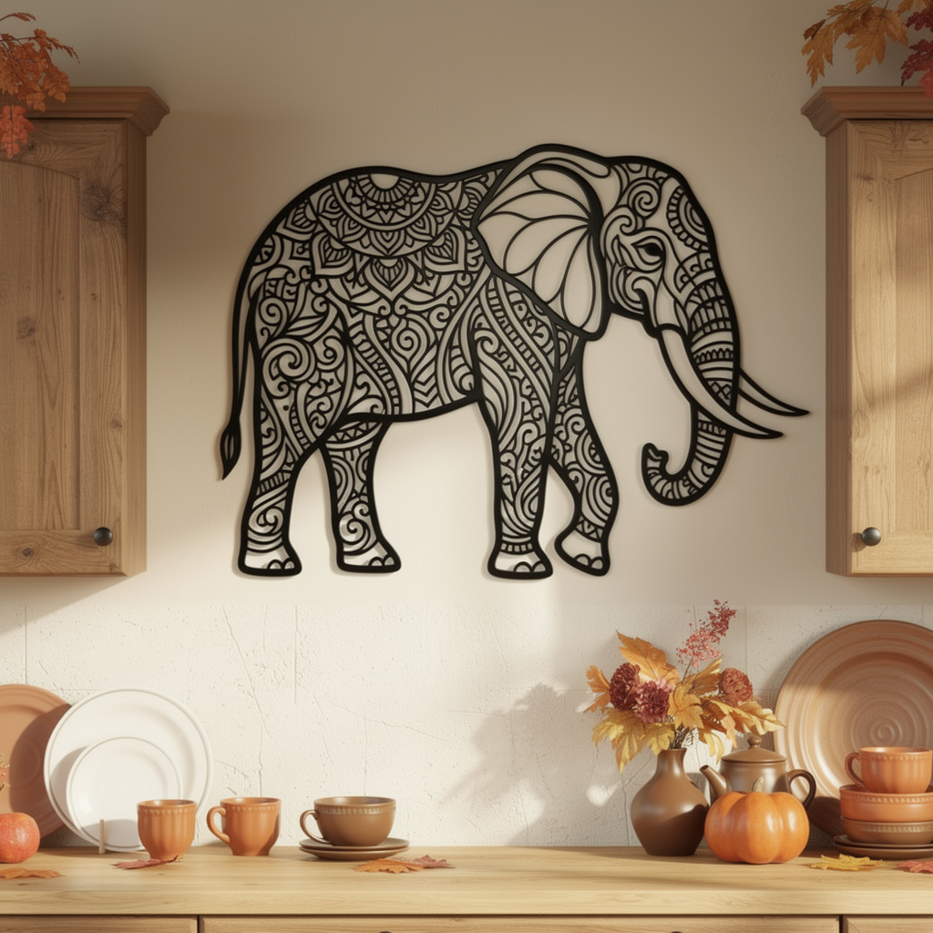 Elefant Wanddeko aus Metall mit filigranen Mandala-Mustern in Schwarz – Bild 8