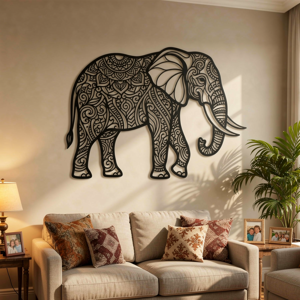 Elefant Wanddeko aus Metall mit filigranen Mandala-Mustern in Schwarz – Bild 9