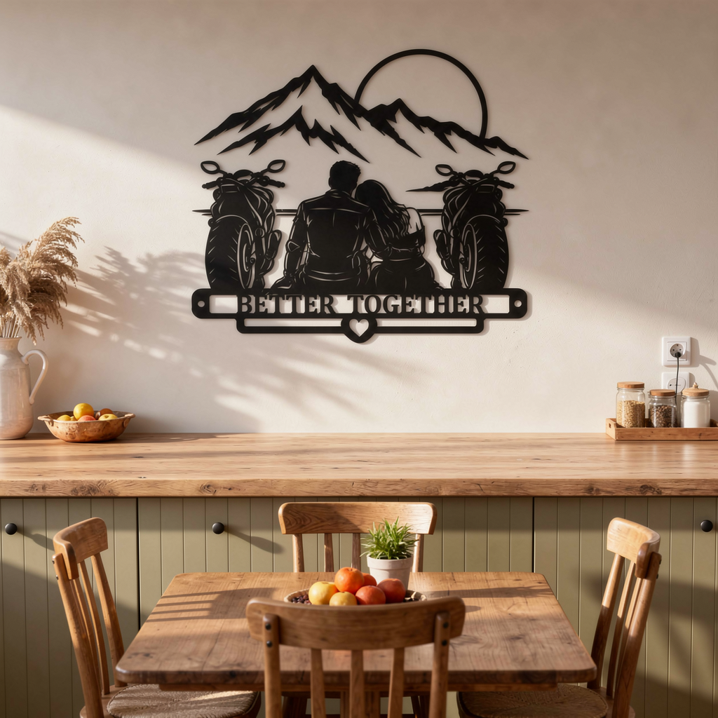 Better Together metal wall art with motorcycle couple and mountains in black steel – image 5