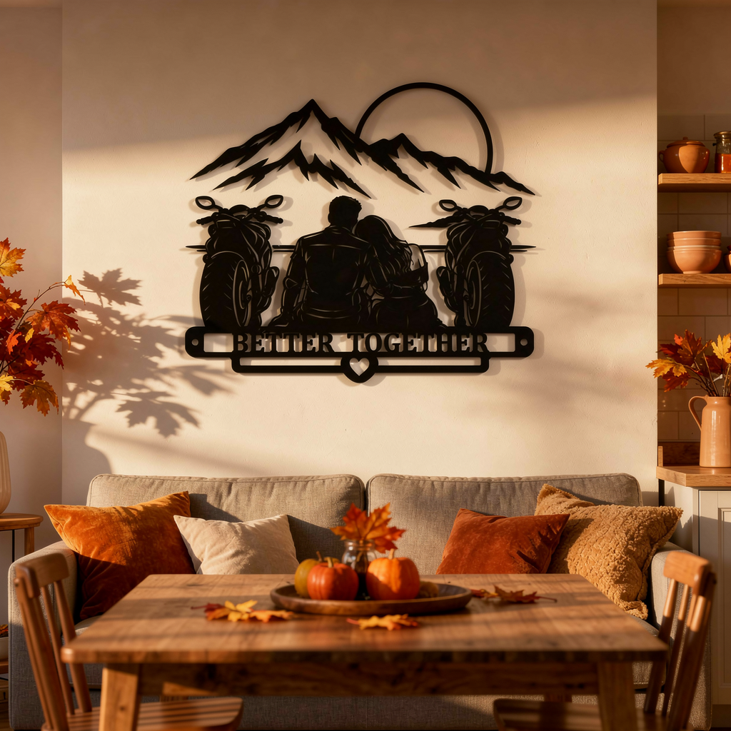 Better Together metal wall art with motorcycle couple and mountains in black steel – image 2