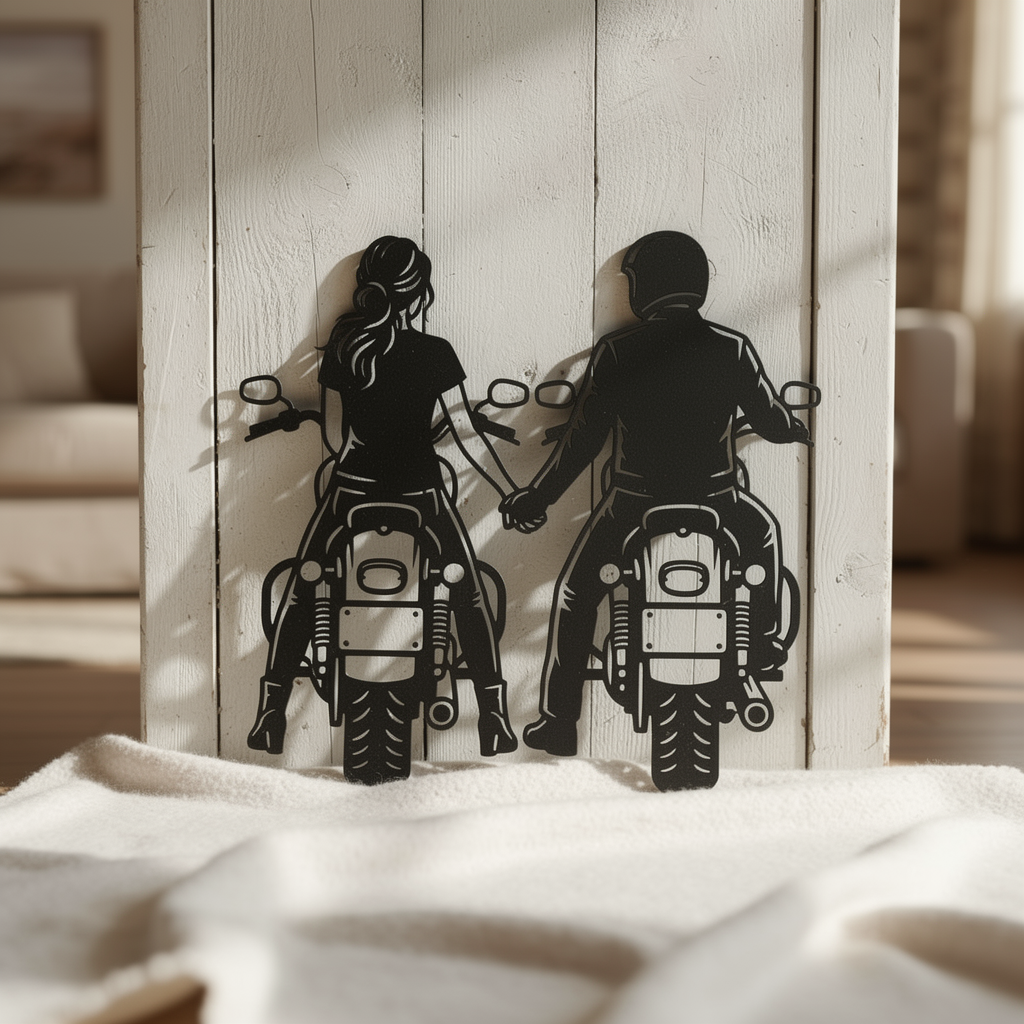 Motorrad Paar hält sich während der Fahrt an den Händen – Wanddeko aus Stahl – Bild 10