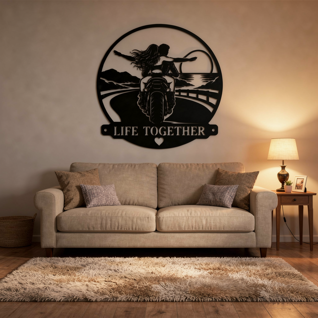 Round Life Together metal sign with couple riding a motorcycle in black steel – image 3