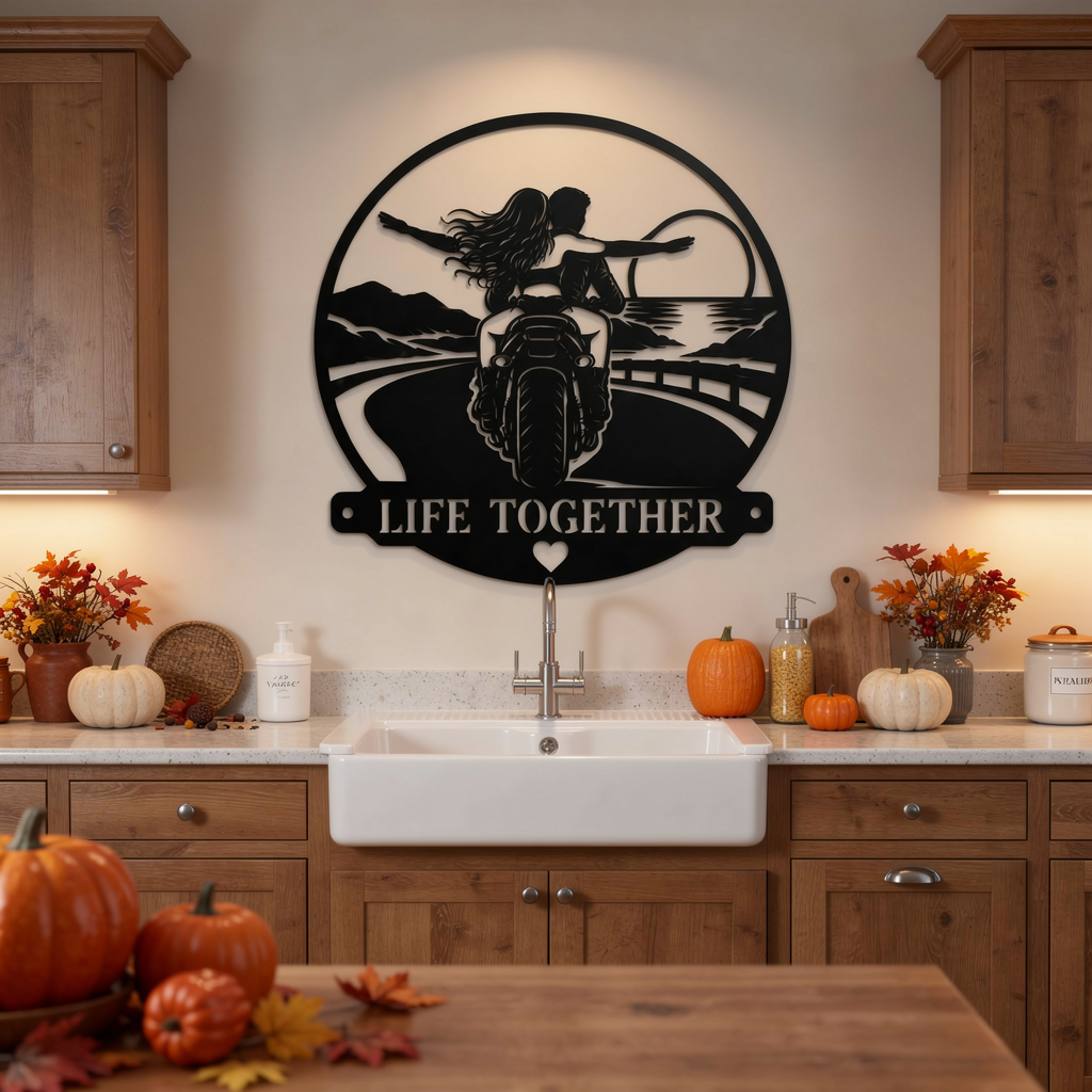 Round Life Together metal sign with couple riding a motorcycle in black steel – image 4