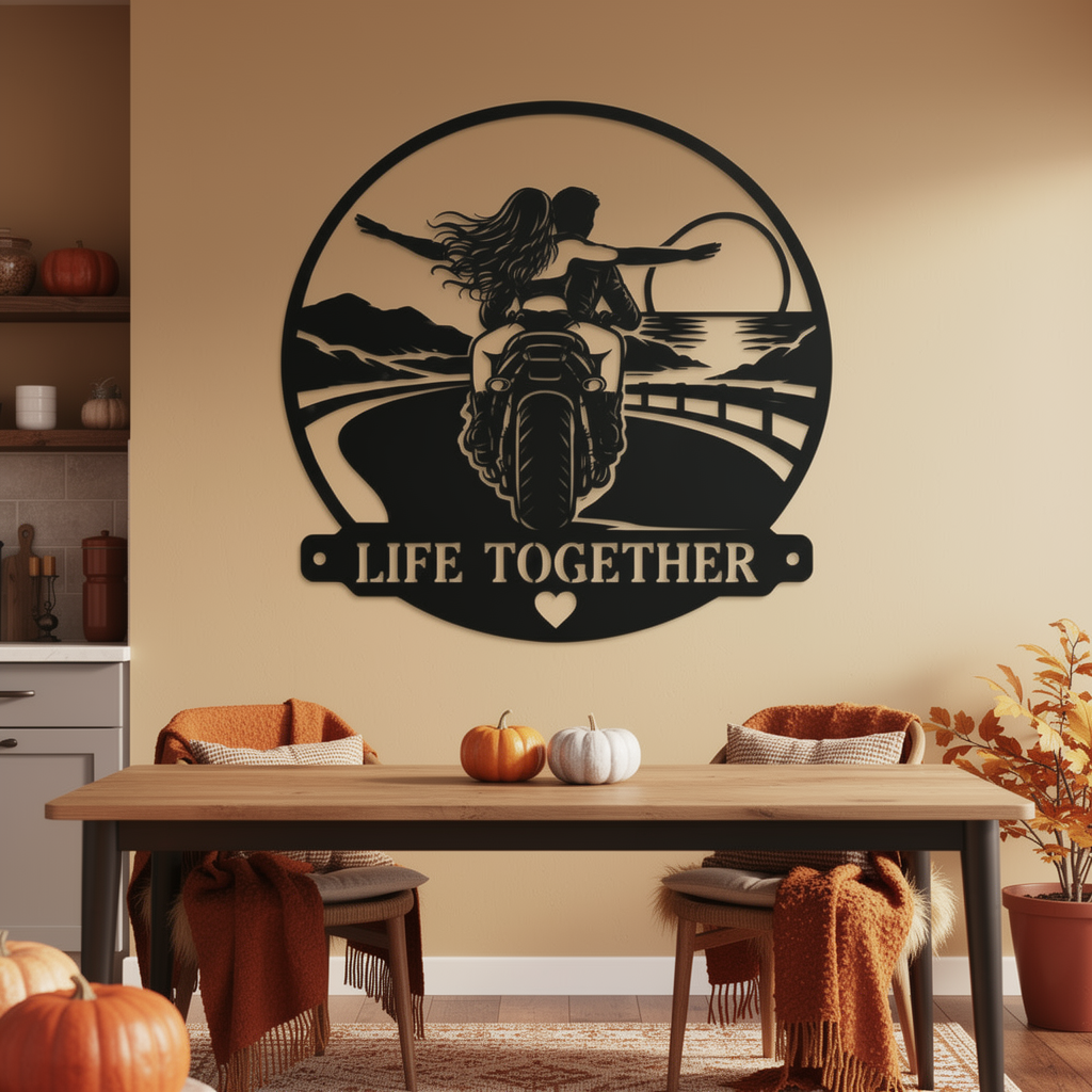 Round Life Together metal sign with couple riding a motorcycle in black steel – image 5