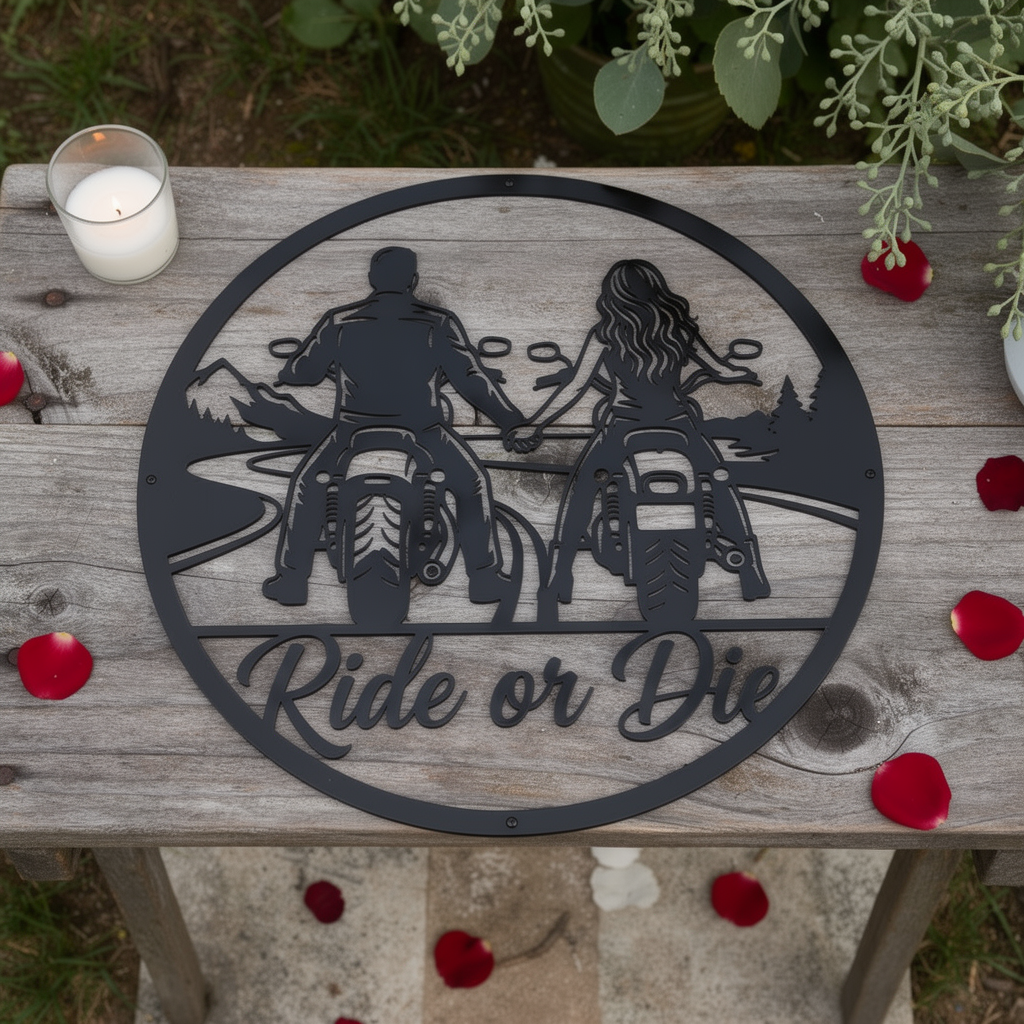 Motorrad Paar Ride or Die Metallschild rund – Bild 3