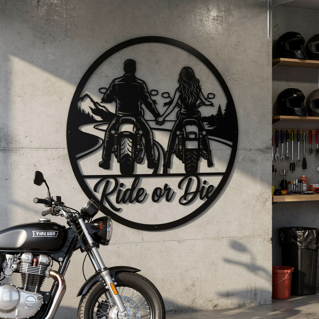 Motorrad Paar Ride or Die Metallschild rund – Bild 4