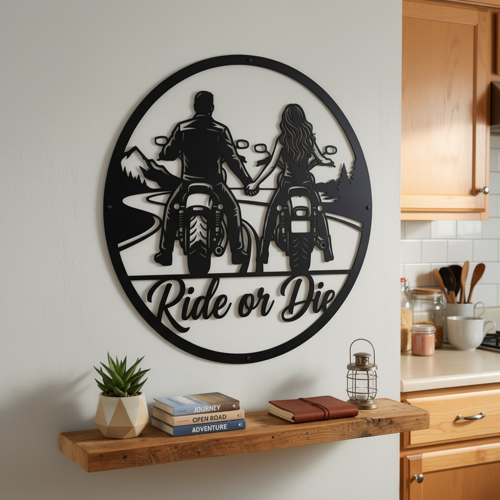 Motorrad Paar Ride or Die Metallschild rund – Bild 1