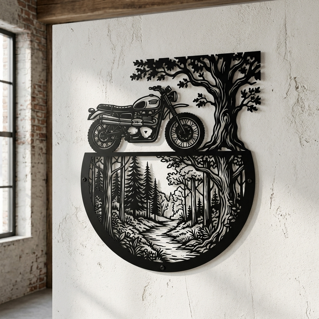 Motorrad im Wald Metall Wanddeko – Bild 1