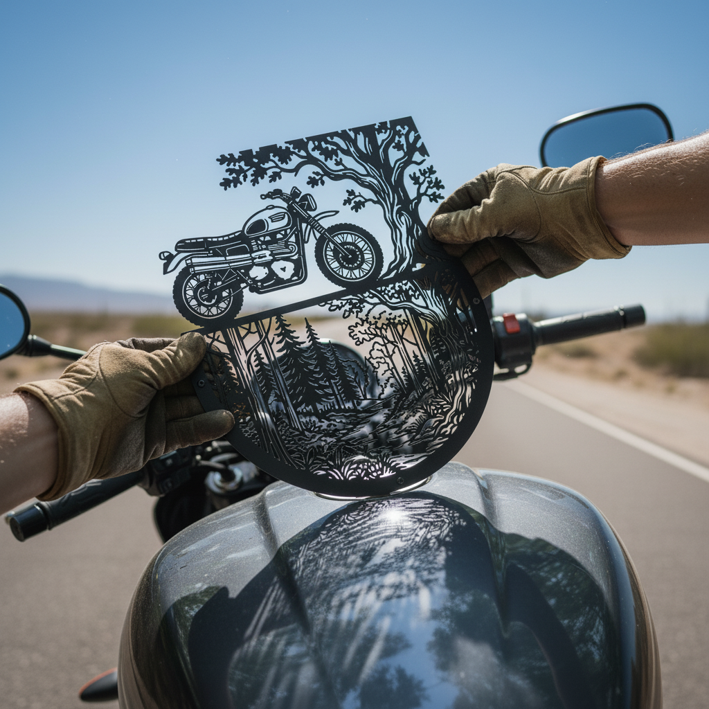 Metall Wanddeko mit Motorrad auf einer Waldstraße zwischen hohen Bäumen – Bild 11