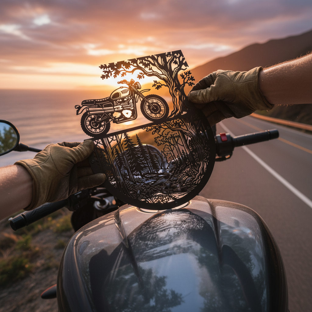 Metall Wanddeko mit Motorrad auf einer Waldstraße zwischen hohen Bäumen – Bild 12