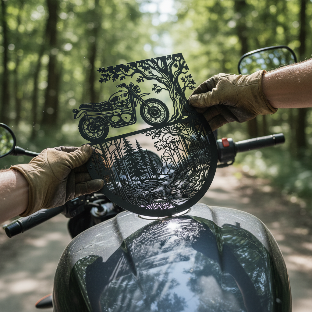 Metall Wanddeko mit Motorrad auf einer Waldstraße zwischen hohen Bäumen – Bild 9