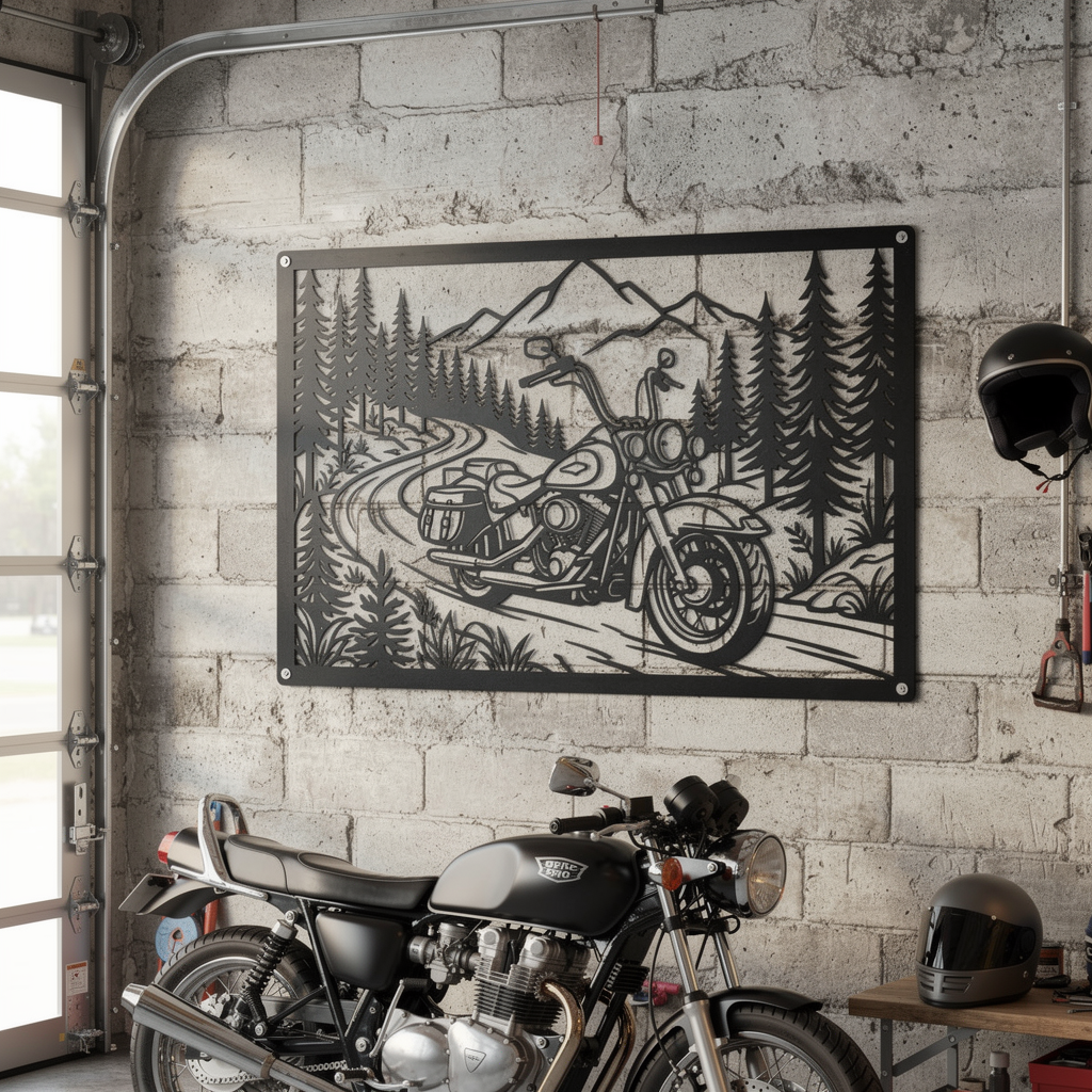 Motorrad mit Bergen und Wald Metall Wanddeko rechteckig – Bild 1