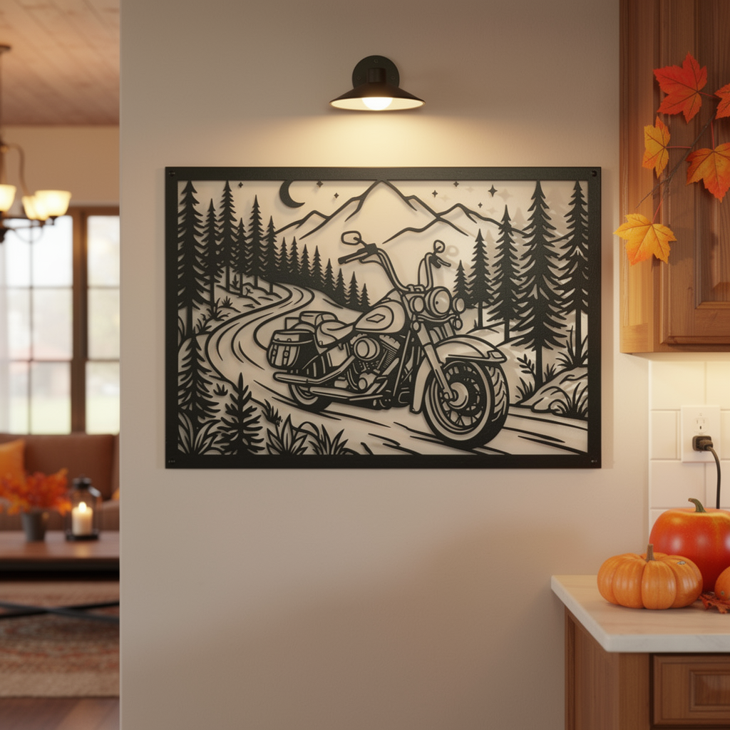 Motorrad auf Bergstraße mit Tannenwald, rechteckige Wanddeko aus schwarzem Stahl – Bild 10
