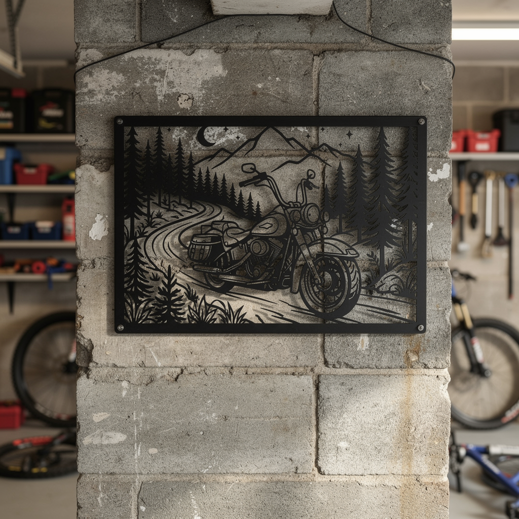 Motorrad mit Bergen und Wald Metall Wanddeko rechteckig – Bild 2