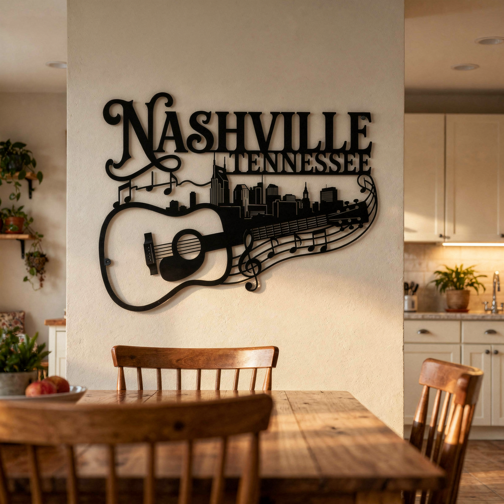Nashville Tennessee Skyline mit Gitarre Metall Wanddeko – Bild 2