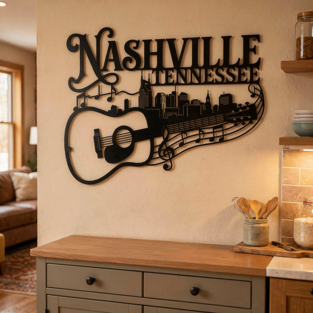 Nashville Tennessee Skyline mit Gitarre Metall Wanddeko – Bild 1