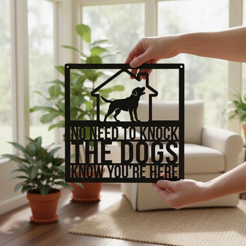 Funny No need to knock dog door sign in black steel – image 12