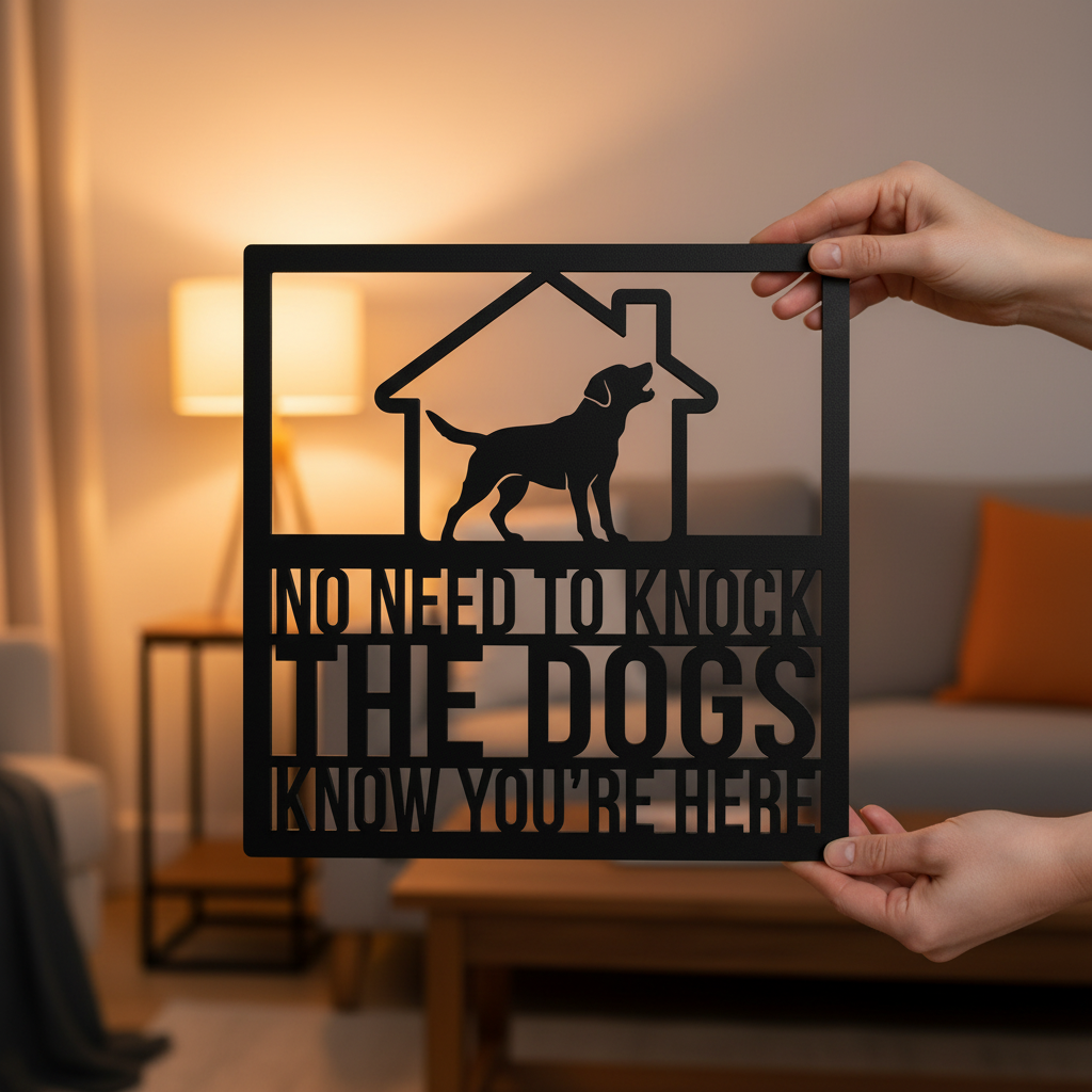Funny No need to knock dog door sign in black steel – image 19