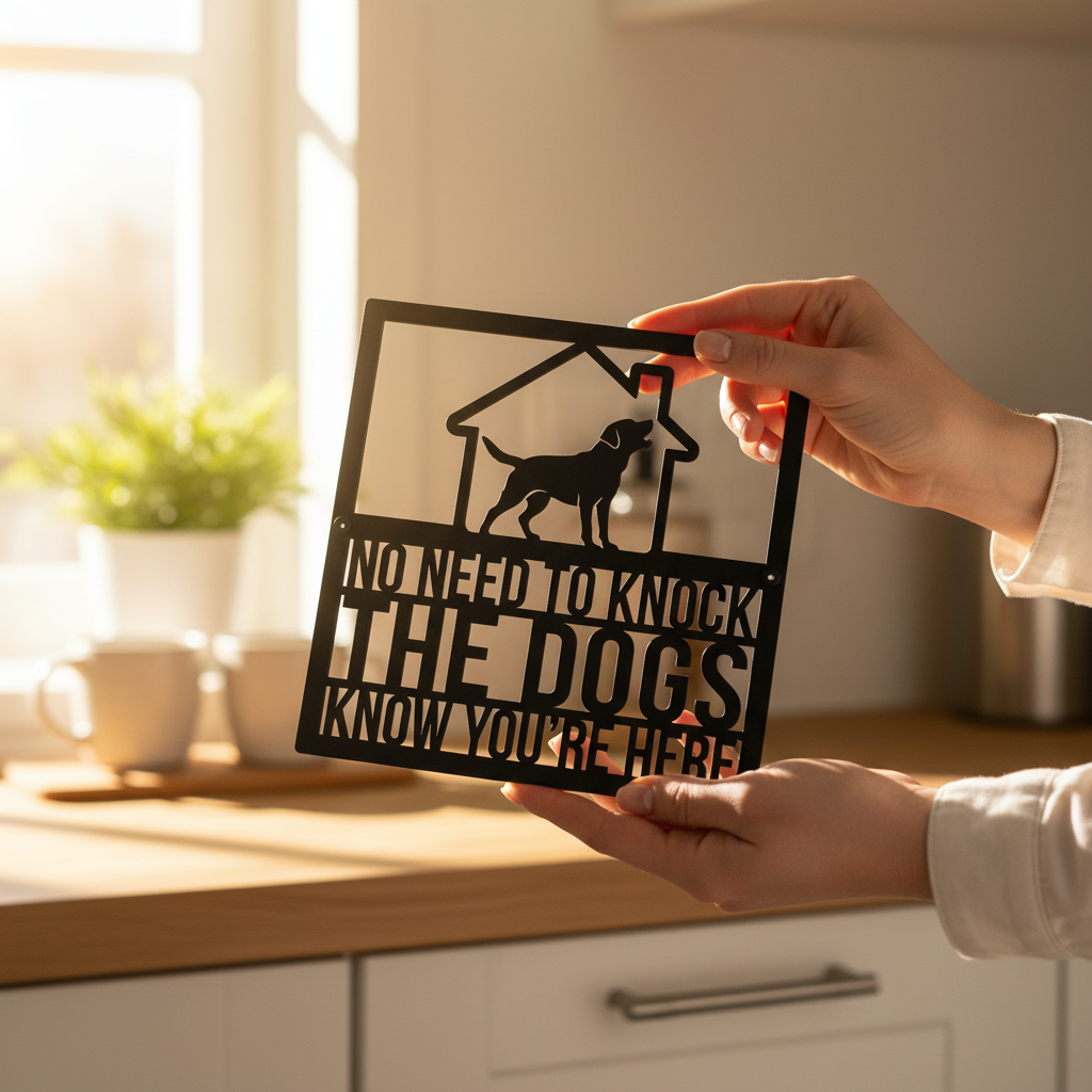 Funny No need to knock dog door sign in black steel – image 4
