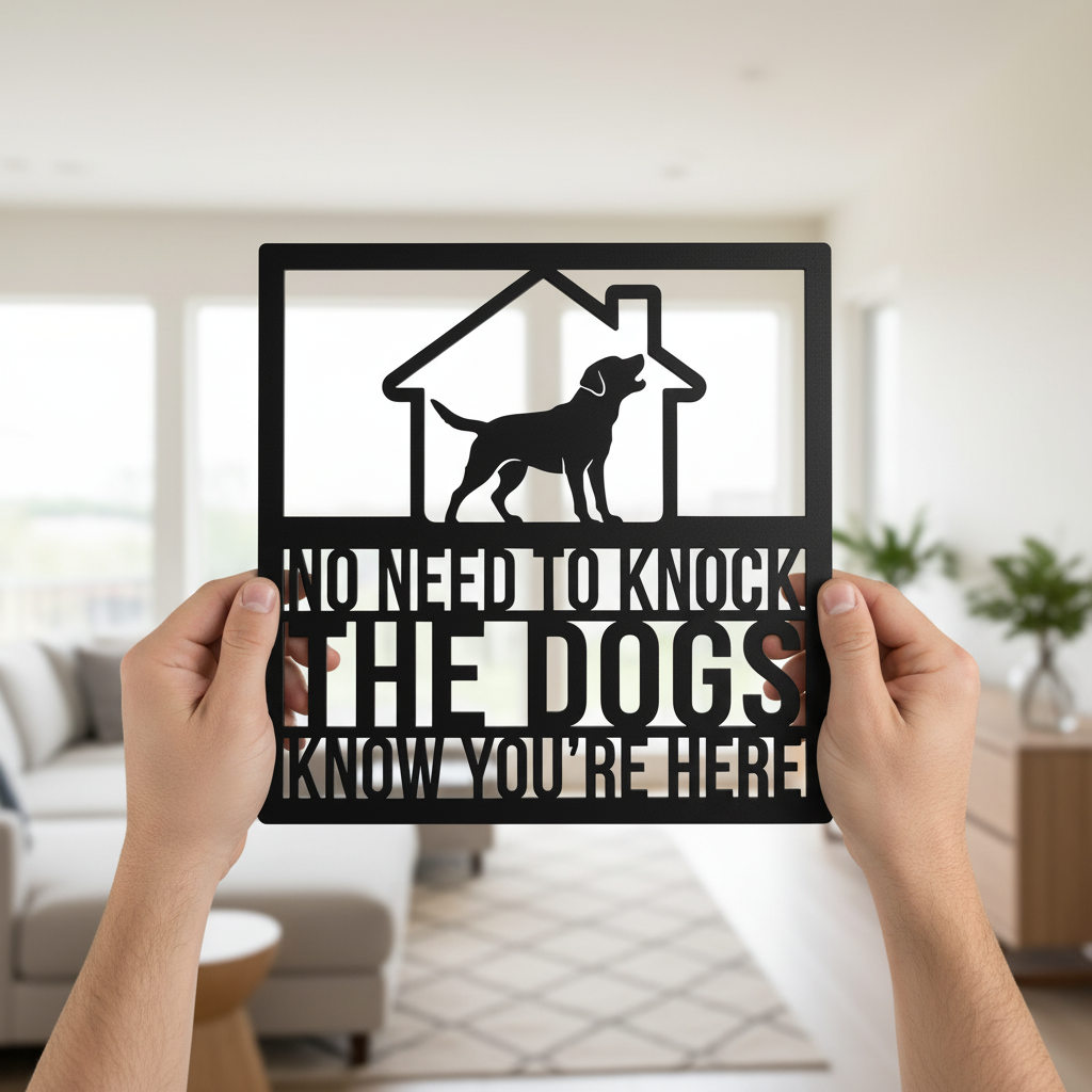 Funny No need to knock dog door sign in black steel – image 7