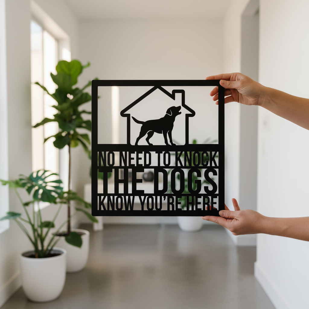 Funny No need to knock dog door sign in black steel – image 9