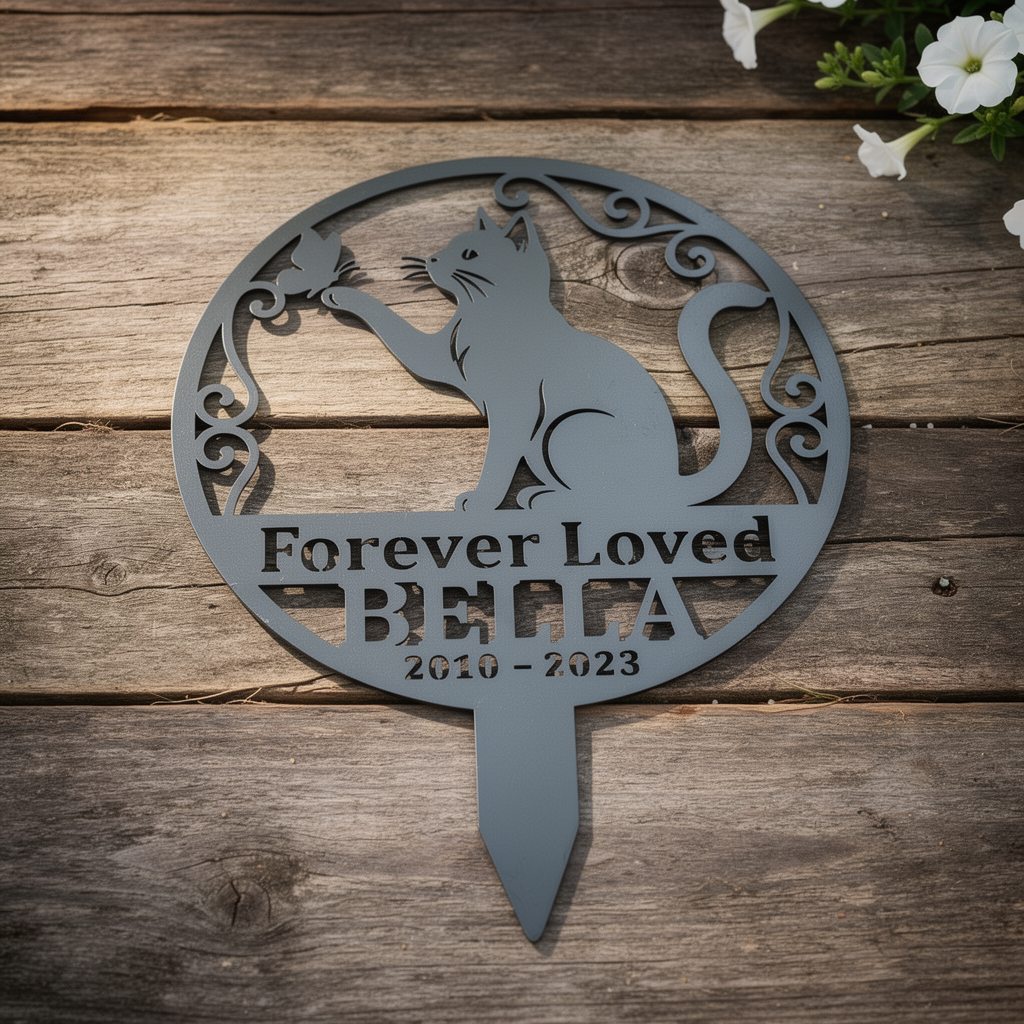 Personalized cat memorial garden stake with cat silhouette, name and dates – image 2
