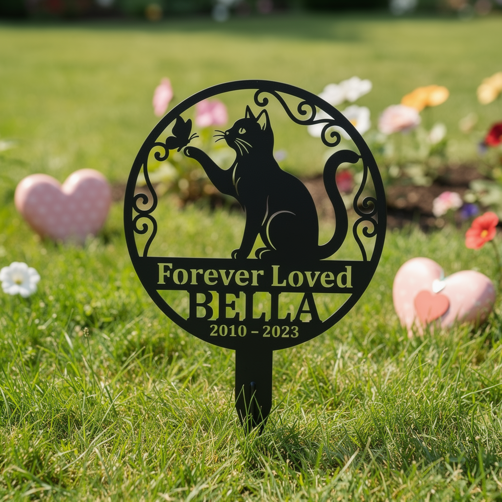 Personalized cat memorial garden stake with cat silhouette, name and dates – image 3