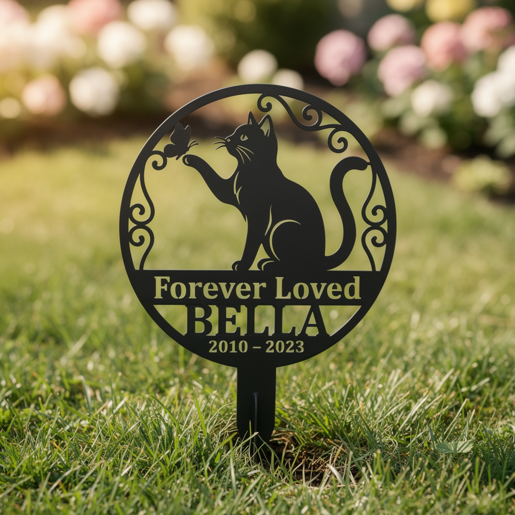 Personalized cat memorial garden stake with cat silhouette, name and dates – image 6