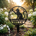 Personalized cat memorial garden stake with cat silhouette, name and dates