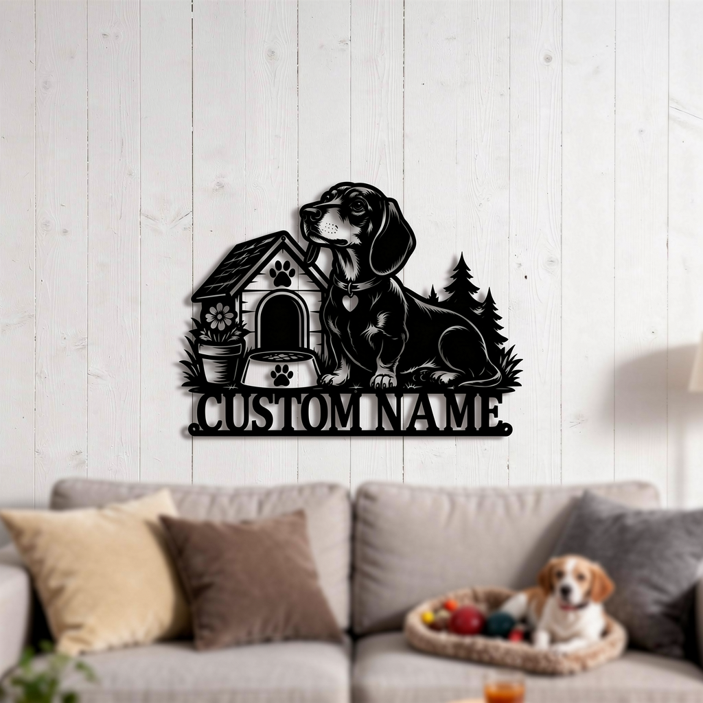 Personalisiertes Dackel Schild mit Hundehütte und Namen aus schwarzem Stahl – Bild 2