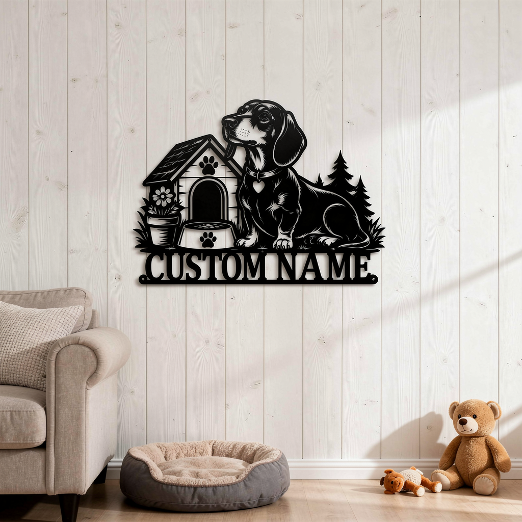 Personalisiertes Dackel Schild mit Hundehütte und Namen aus schwarzem Stahl – Bild 3
