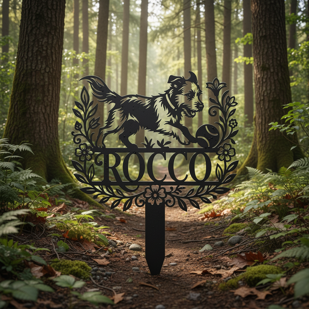 Personalized memorial garden stake with playful dog chasing a ball in black steel – image 10
