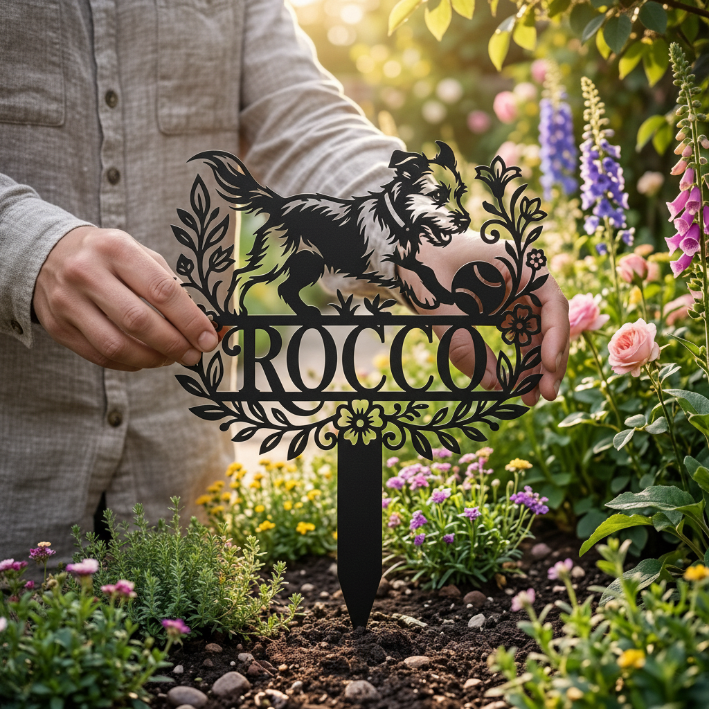 Personalized memorial garden stake with playful dog chasing a ball in black steel – image 11