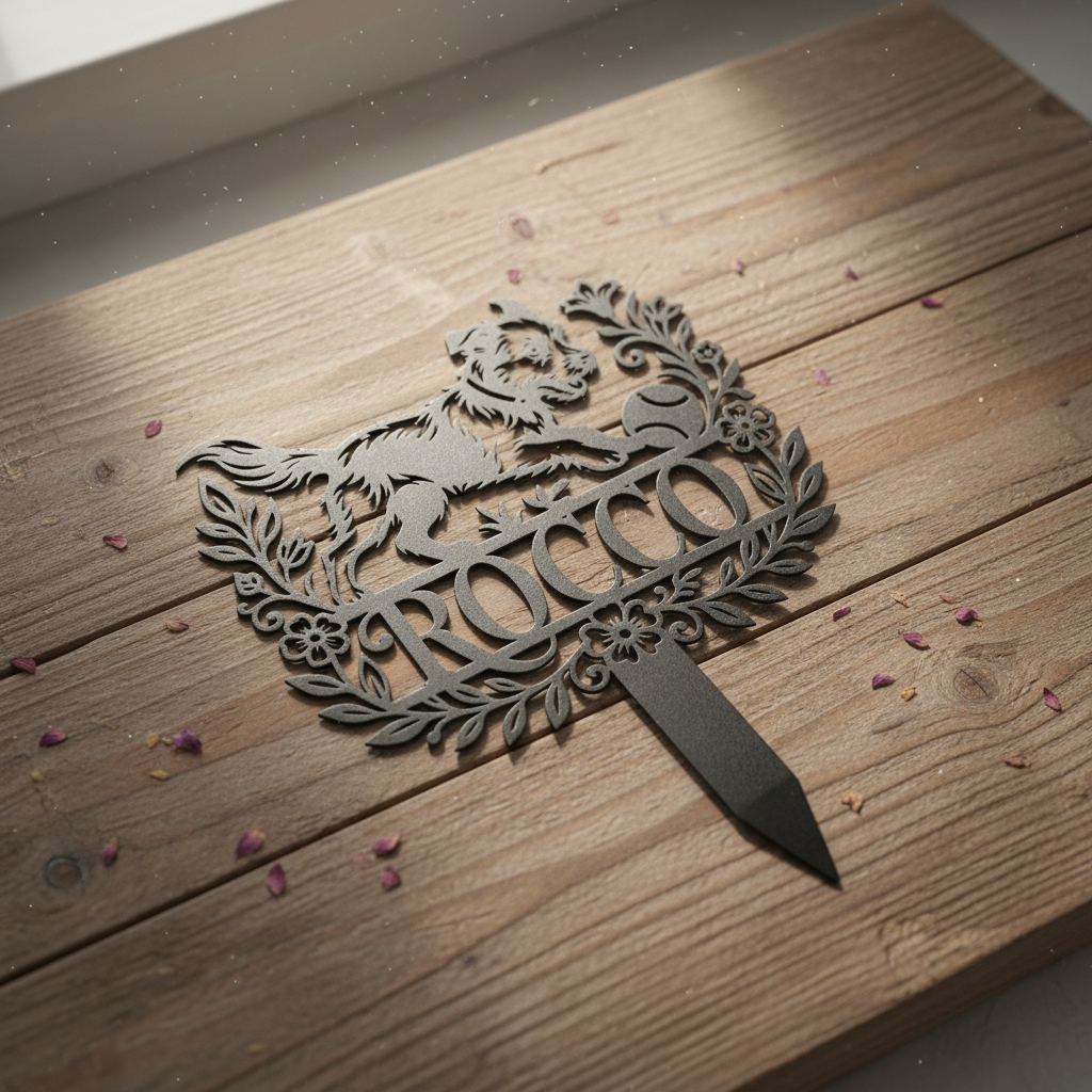 Personalized memorial garden stake with playful dog chasing a ball in black steel – image 12