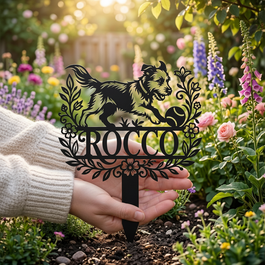 Personalized memorial garden stake with playful dog chasing a ball in black steel – image 13