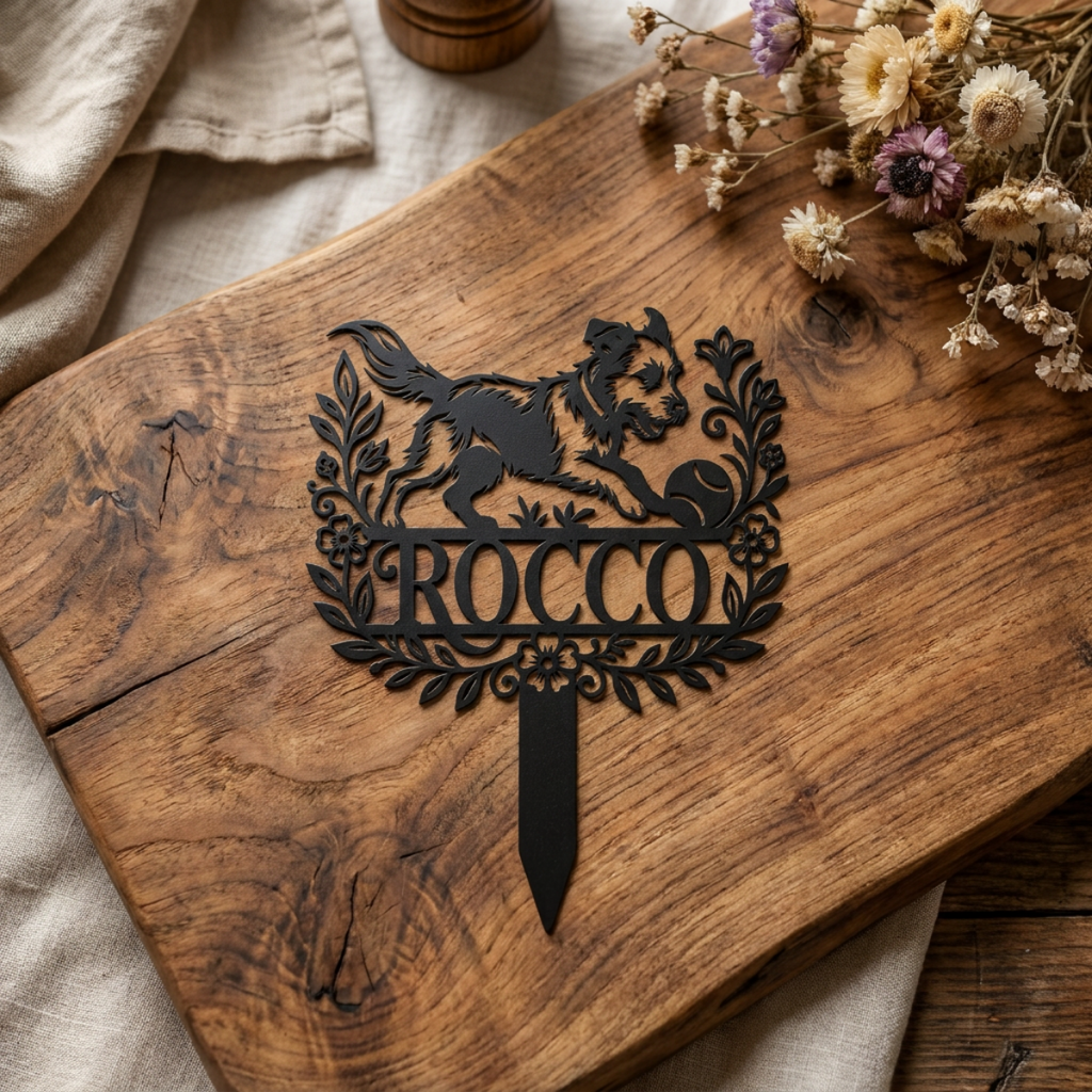 Personalized memorial garden stake with playful dog chasing a ball in black steel – image 14