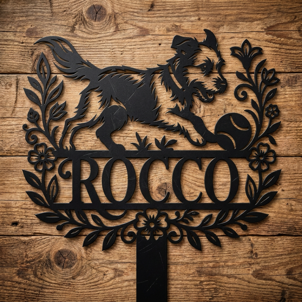 Personalized memorial garden stake with playful dog chasing a ball in black steel – image 15