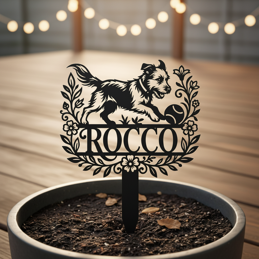 Personalized memorial garden stake with playful dog chasing a ball in black steel – image 6