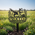 Personalized memorial garden stake with playful dog chasing a ball in black steel