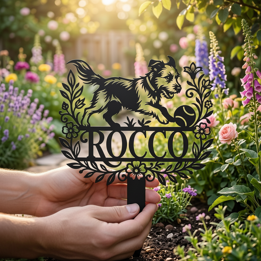 Personalized memorial garden stake with playful dog chasing a ball in black steel – image 7