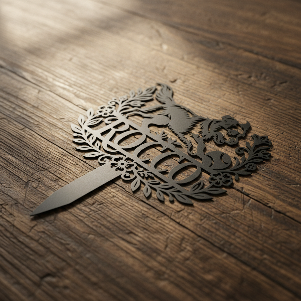 Personalized memorial garden stake with playful dog chasing a ball in black steel – image 8