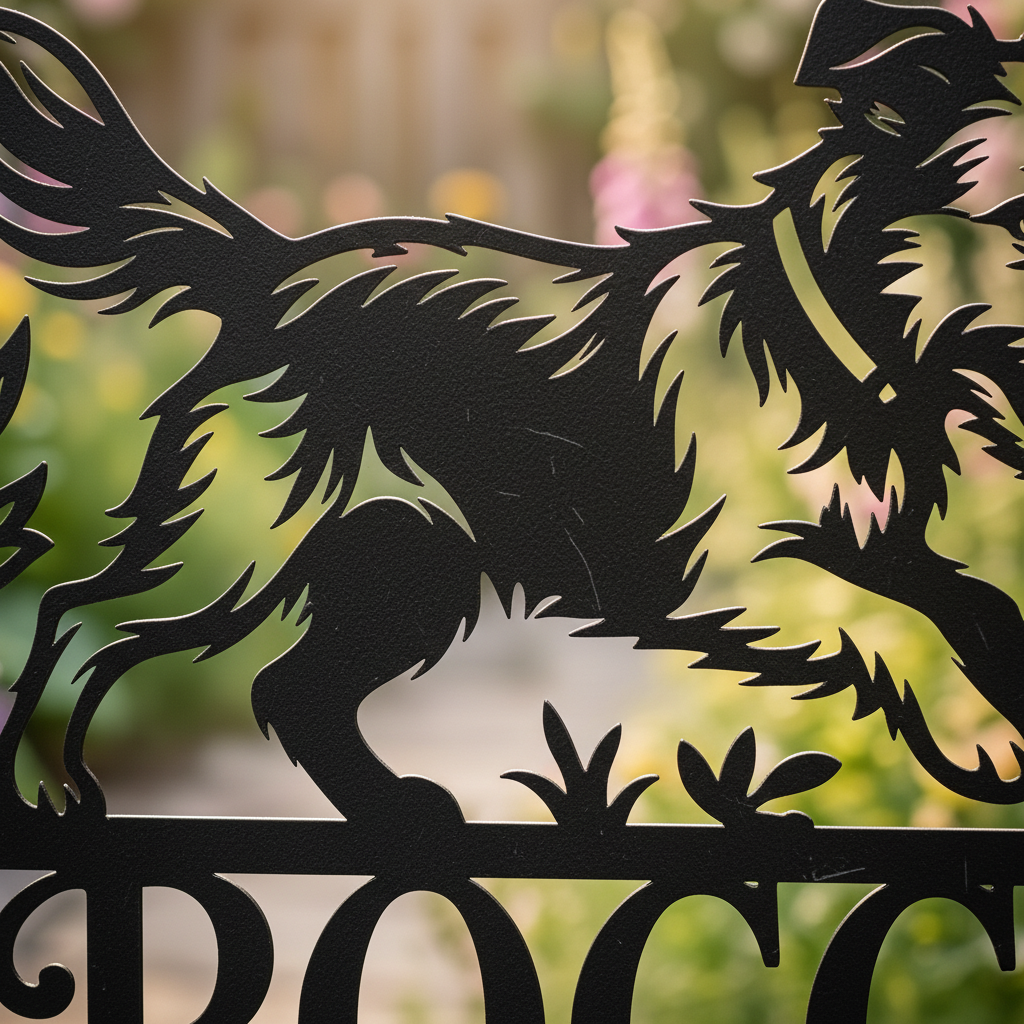 Personalized memorial garden stake with playful dog chasing a ball in black steel – image 9