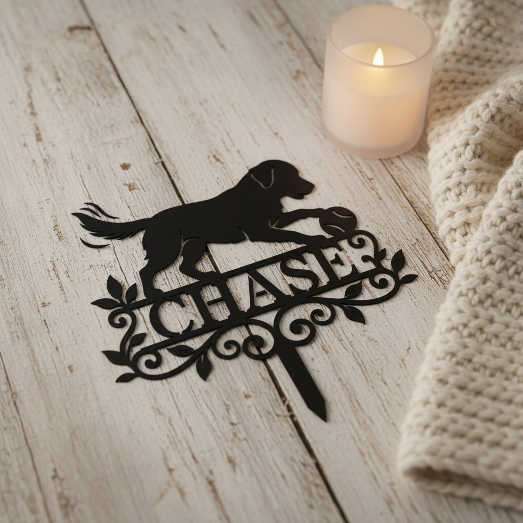 Personalized dog memorial garden stake with retriever and ball in black steel – image 2