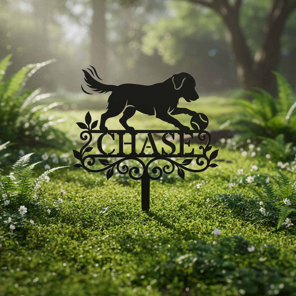 Personalized dog memorial garden stake with retriever and ball in black steel – image 10