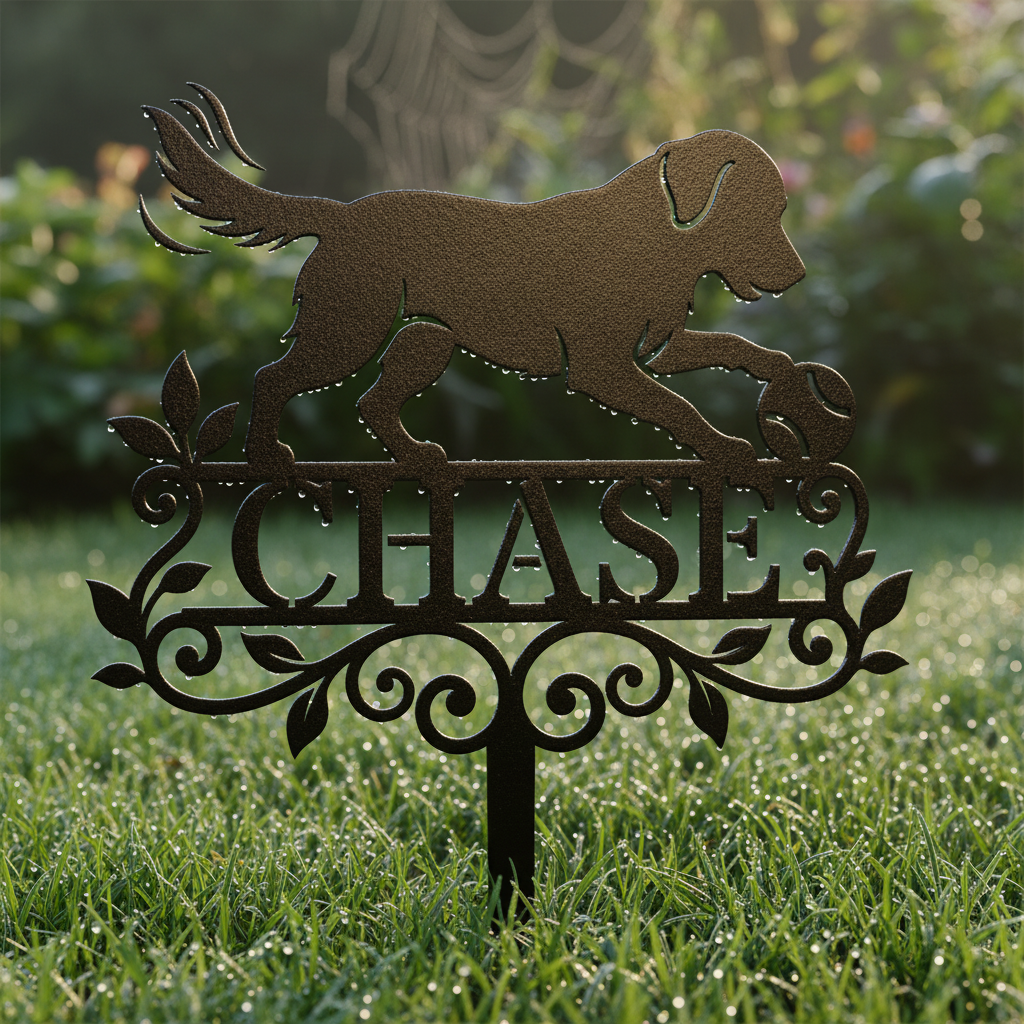 Personalized dog memorial garden stake with retriever and ball in black steel – image 11