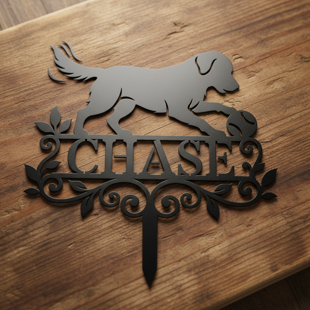 Personalized dog memorial garden stake with retriever and ball in black steel – image 12