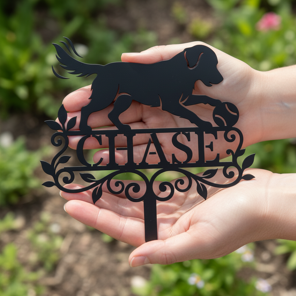 Personalized dog memorial garden stake with retriever and ball in black steel – image 13