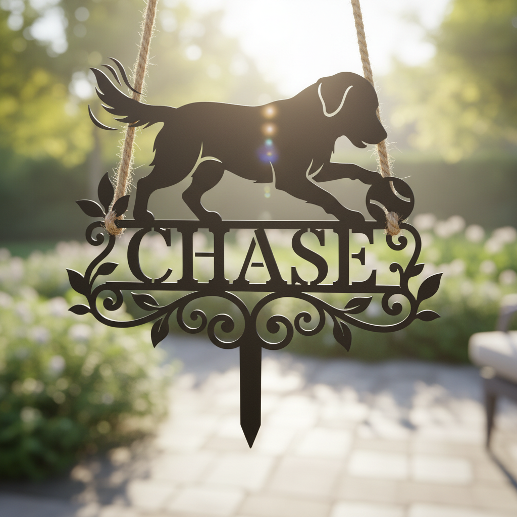 Personalized dog memorial garden stake with retriever and ball in black steel – image 14