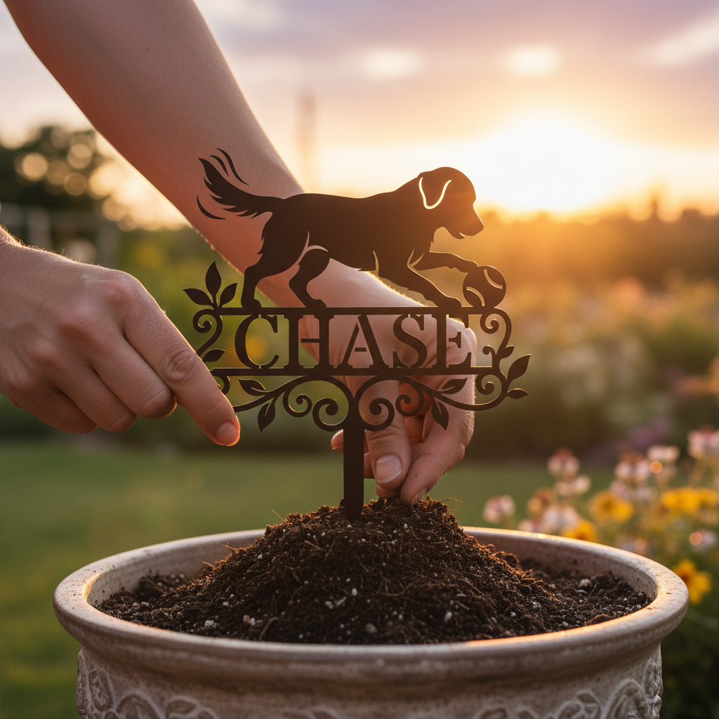 Personalized dog memorial garden stake with retriever and ball in black steel – image 15